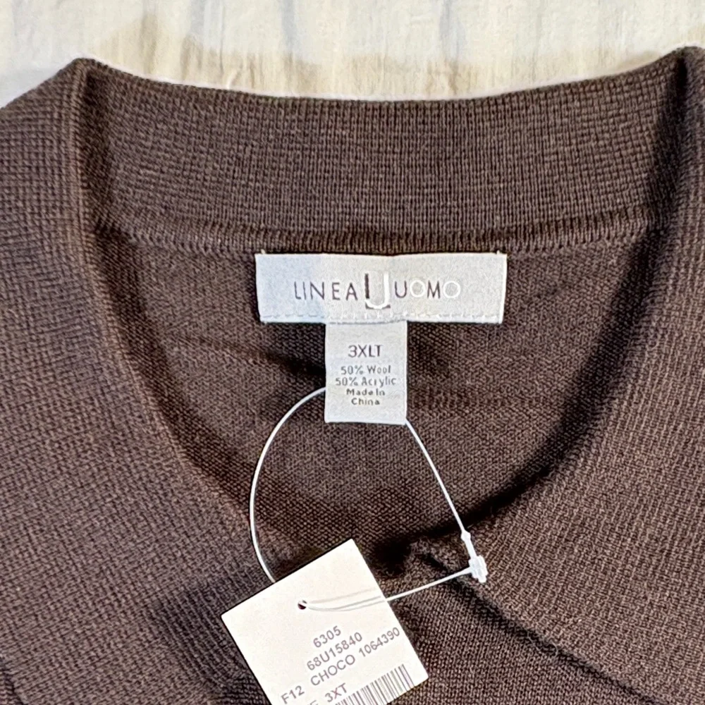 Linea Uomo‎ Men's 3XLT Chocolate Brown Wool Blend Long Sleeve Polo Sweater NWT